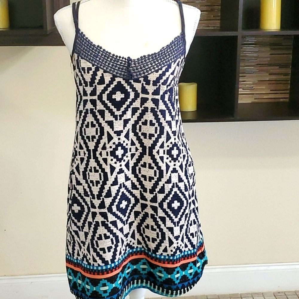 Zoe & Rose Boho Navy White Lace Flowy Summer Festival Silky Shift Mini Dress XS
